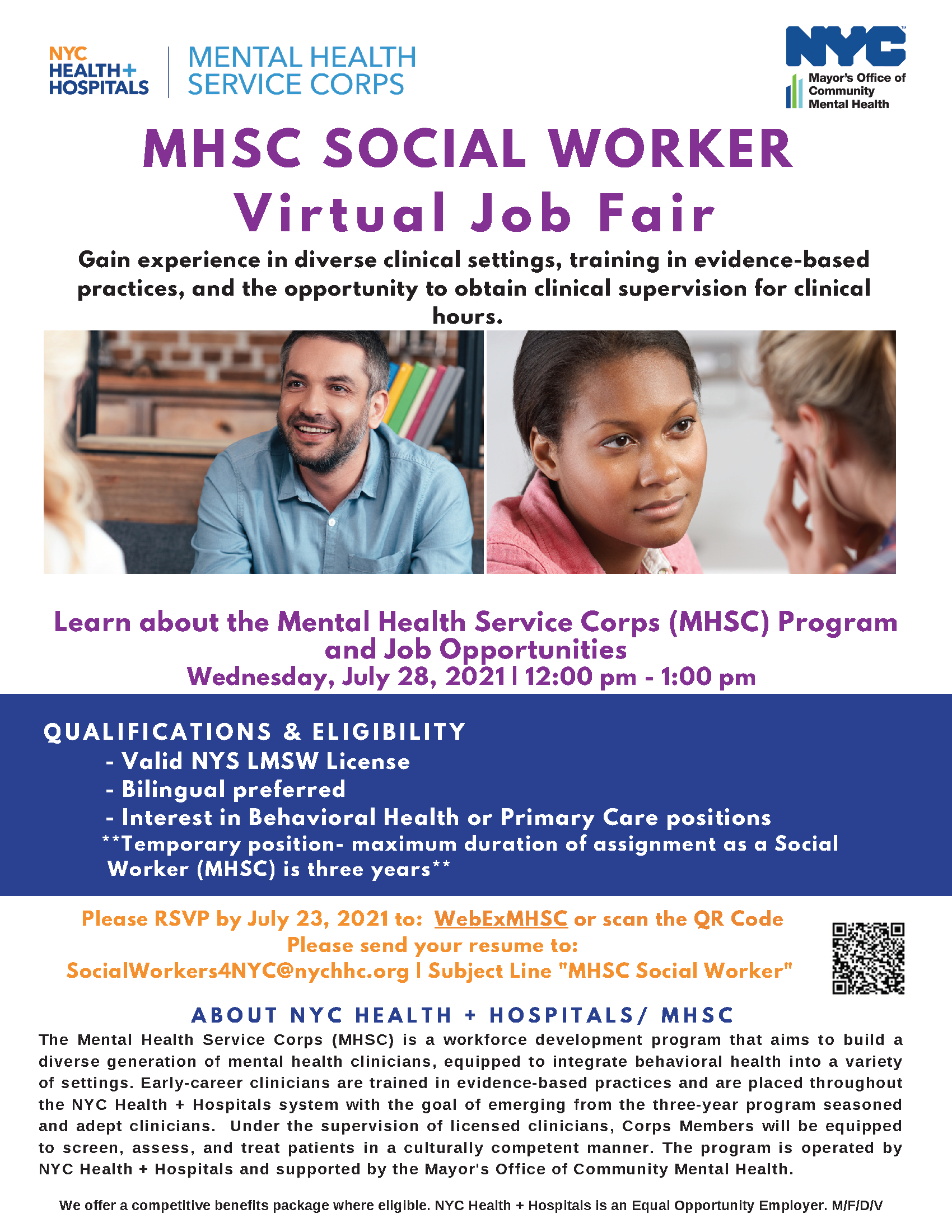 Job Fair flyer titled MHSC Social Worker Virtual Job Fair with description about benefits of program, qualifications and eligibility, and steps for registering for their fair