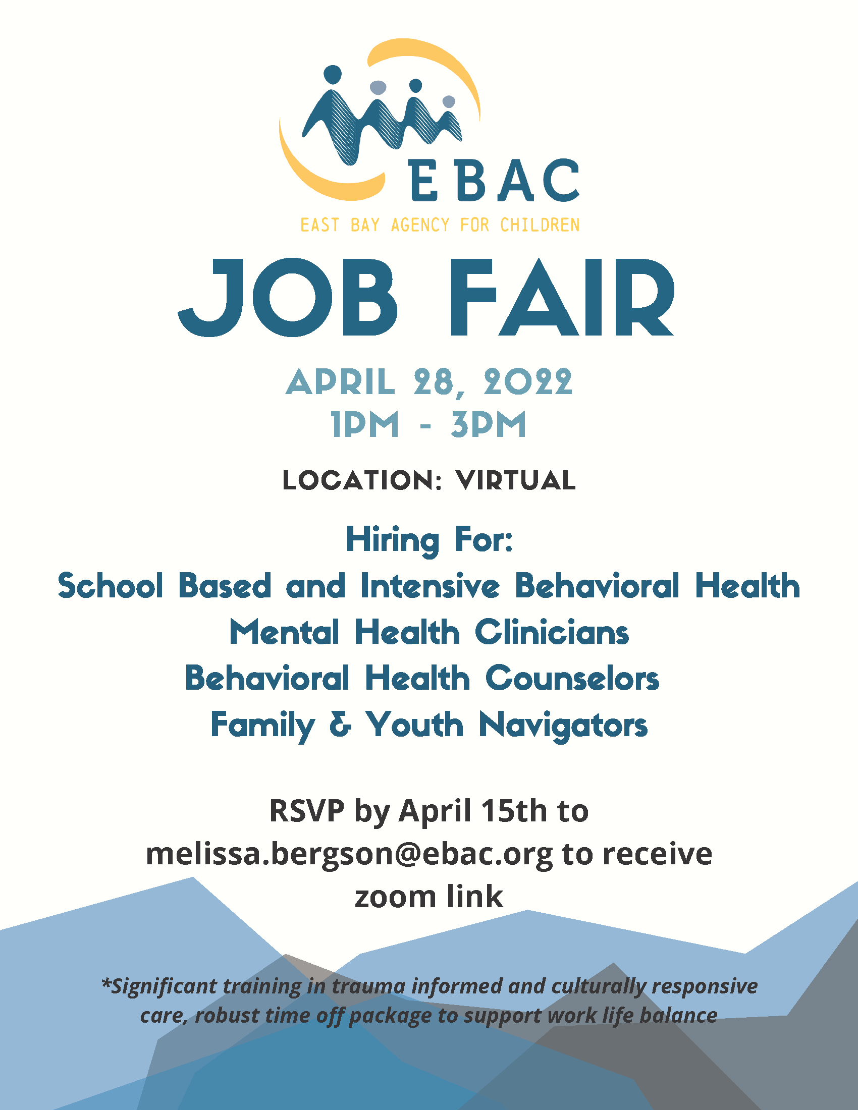 Flyer with details regarding Job Fair with East Bay Agency for Children including RSVP information