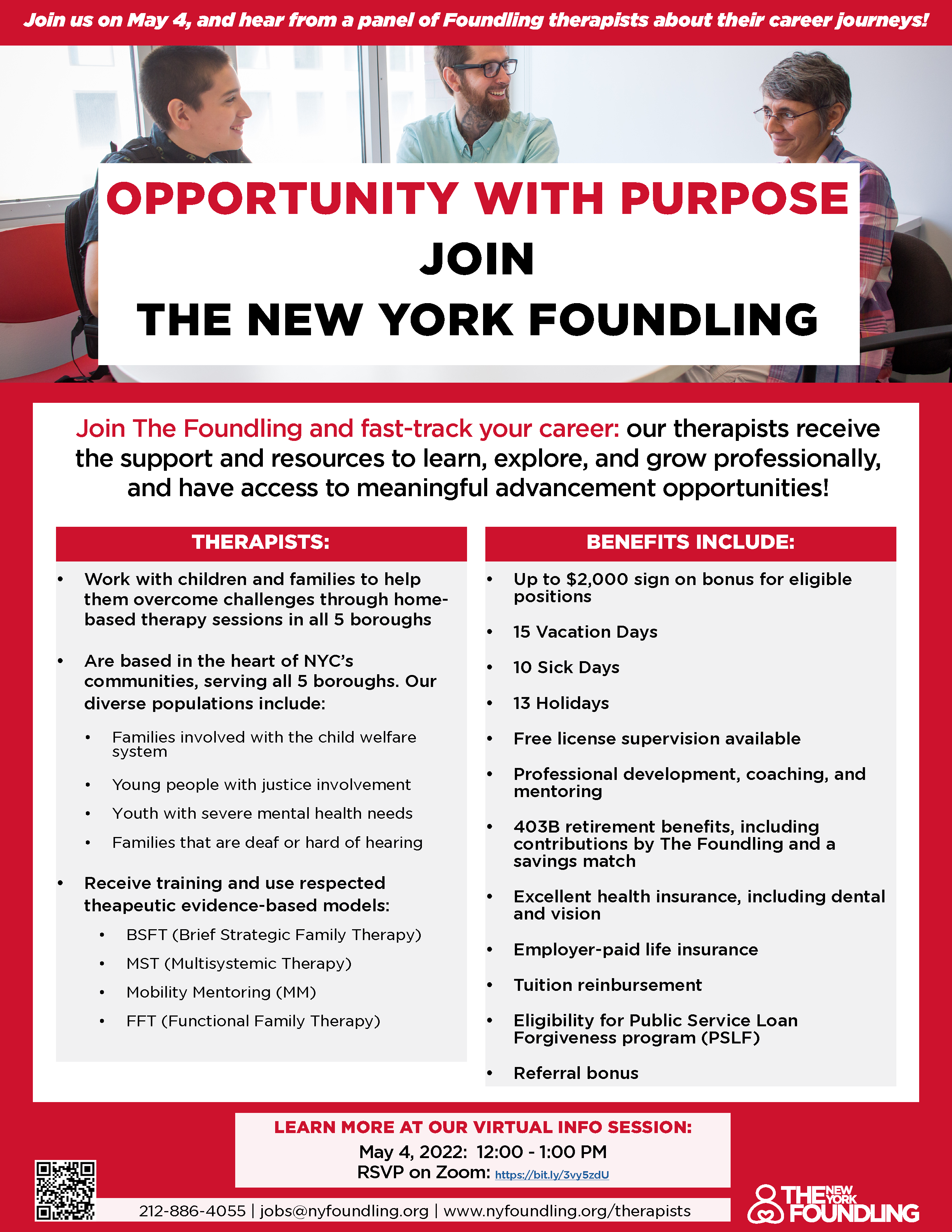 Details regarding therapist careers at NY Foundling including benefits and professional development opportunities offered and registration link for upcoming info session on May 4, 2022 at 12pm