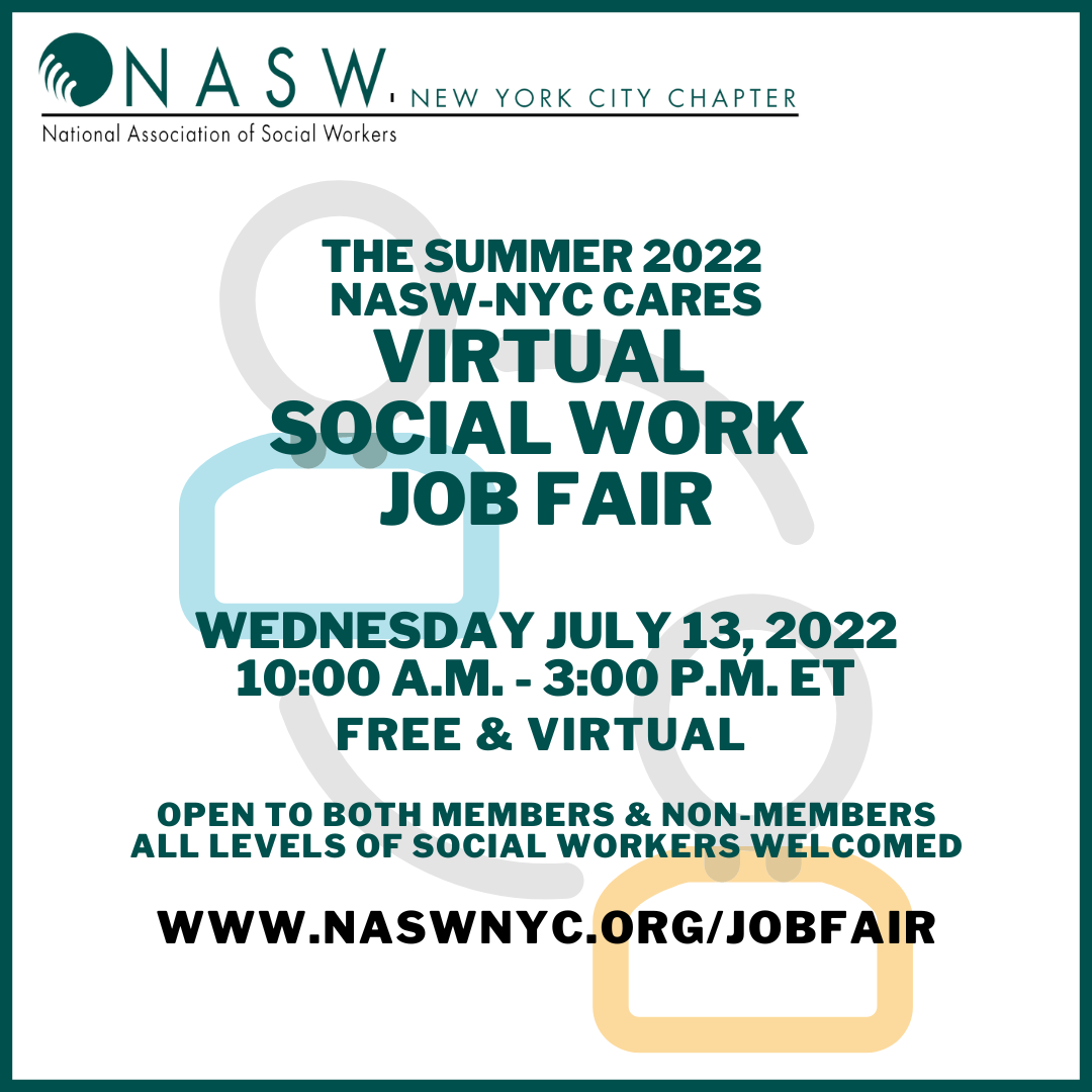 Flyer with details regarding Virtual Social Work Job Fair on 7/13/2022 with link to fair and vector image of people connecting