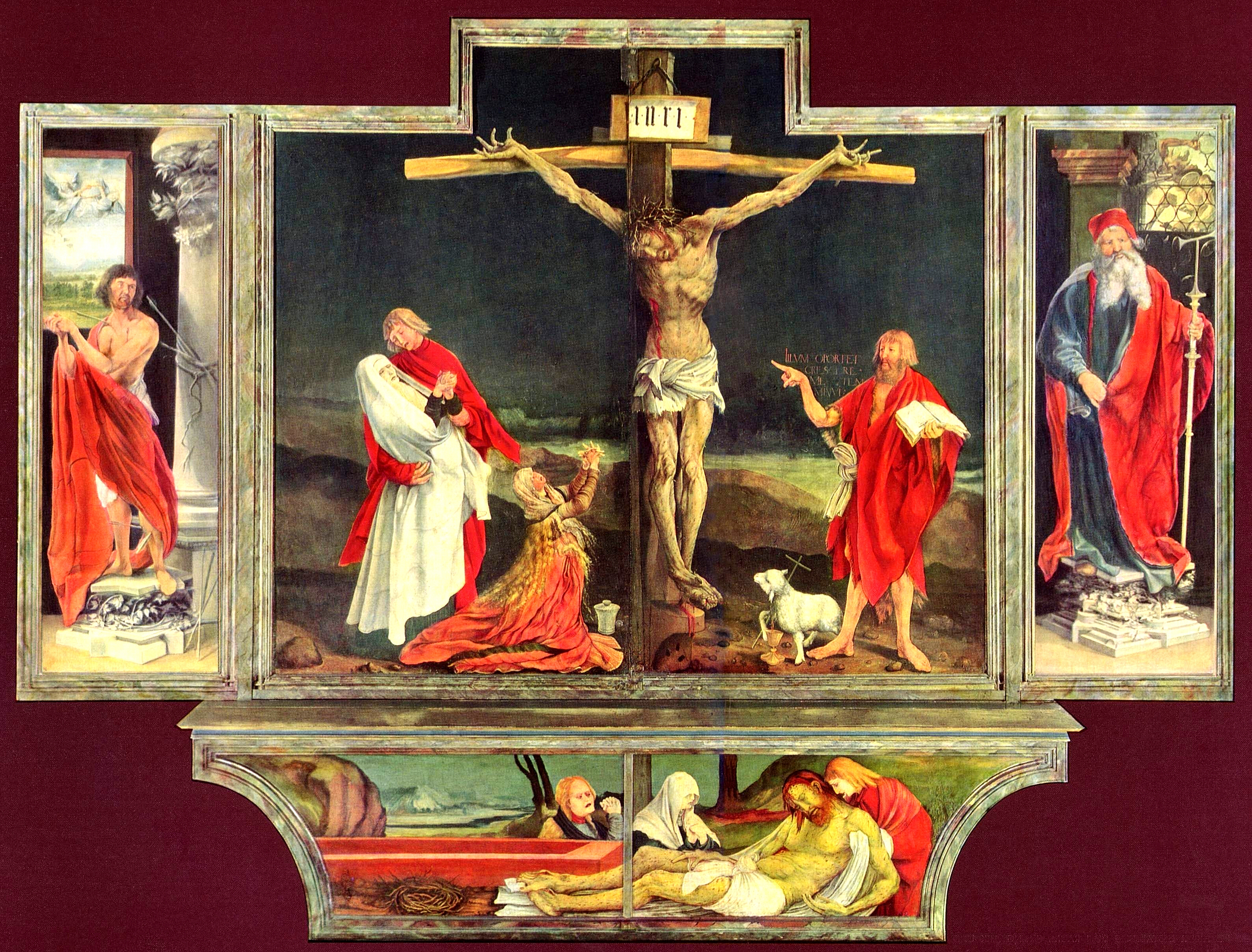 “The Crucifixion with Saints and a Donor” in comparison with “The Isenheim Altarpiece – First View” by Matthias Grünewald and Niclaus of Haguenau 
