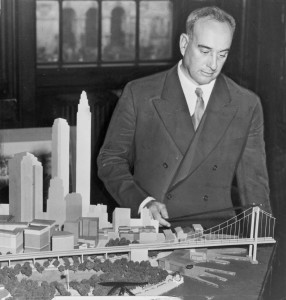 Robert Moses with his model for Battery Bridge
