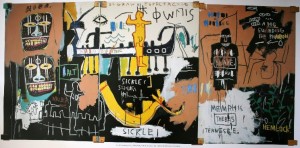Jean-Michel Basquiat, Untitled (History of the Black People) (1983).Acrylic paint and oil paint stick on panel. Estate of Jean-Michel Basquiat.