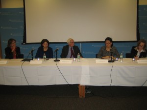 From left, Yasmine Ergas, Ambassador Rosemary DiCarlo, Ambassador John Hirsch, Ambassador Karen Tan, and Ambassador Greta Gunnarsdotir engage in a panel discussion with Columbia students and faculty.