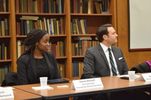 Sheree Bennet and Zeke Johnson responding to questions at the Human Rights Career Panel.