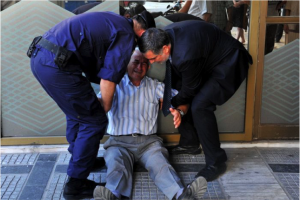 Giorgos Chatzifotiadis, 77, broke down in tears after visiting four banks in an attempt to withdraw his wife's pension of 120 euros. He became a symbol of the distress of the Greek people (AFP: Sakis Mitrolidis)