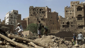 Aftermath of a coalition airstrike on a home in Sana’a, Yemen. This airstrike killed five people and destroyed three three-story homes in the Old City which is a UNESCO World Heritage Site.
