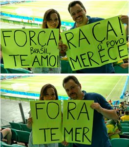 Brazilians were creative while protesting during the Olympic games. This couple elaborated two independent signs for supporting national teams, that together say "Down with Temer".