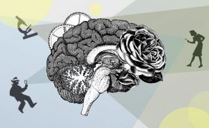 brain cartoon with silhouettes of investigators examining it