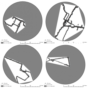 Four illustrative examples showing how GPS logging data can be used to characterize which parts, and how much, of a residential neighborhood is actually utilized by the resident.  The circle represents all neighborhood space within 1Km of a residence and the white area reflects a minimal convex polygon that encompasses GPS waypoints recorded as the person goes about their week.
