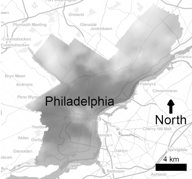 Neighborhood physical disorder in Philadelphia. Darker ares within Philadelphia have the highest levels of physical disorder.